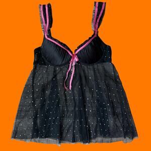00's vintage glittery mesh satin mcbling y2k babydoll lingerie tank top SMALL